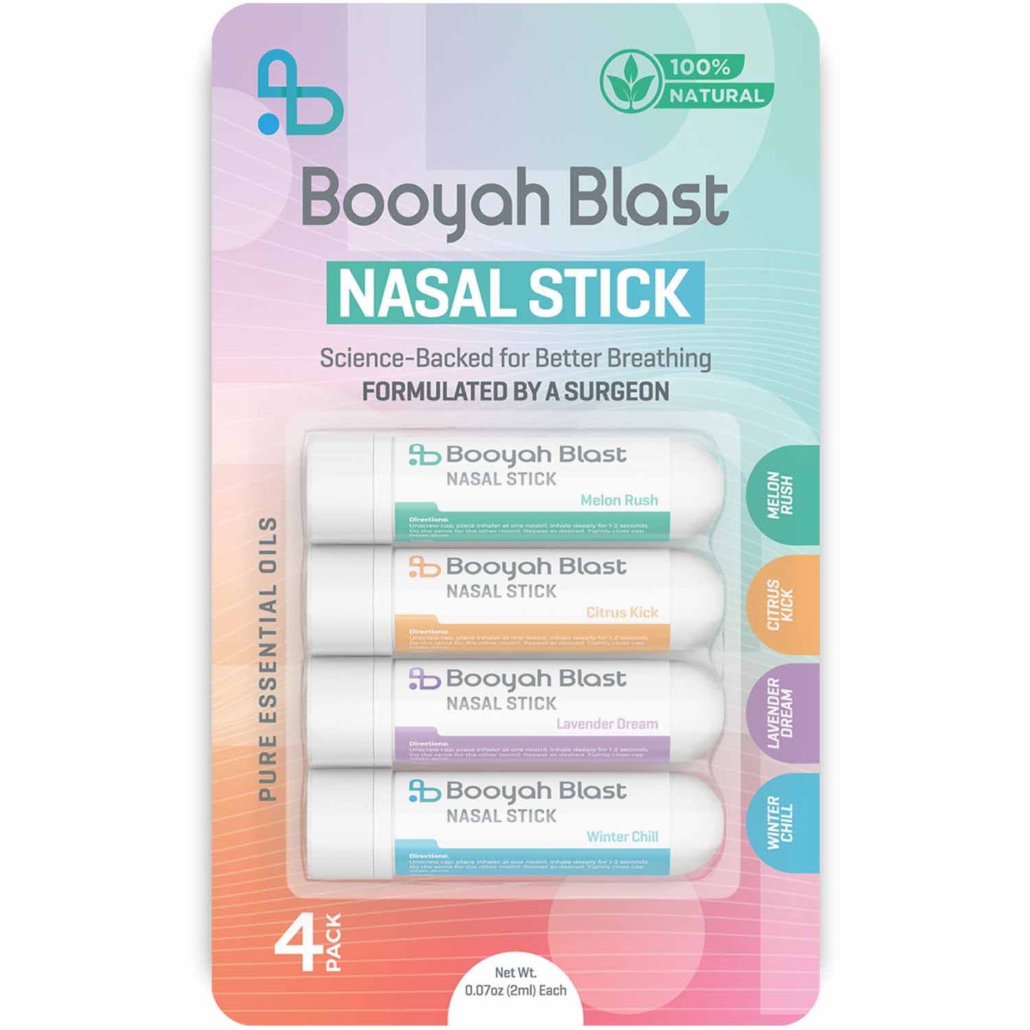 BOOYAH BLAST Nasal Stick, Nasal Inhaler Stick 4PK (Winter Chill, Citrus Kick, Lavender Dream, Melon Rush)